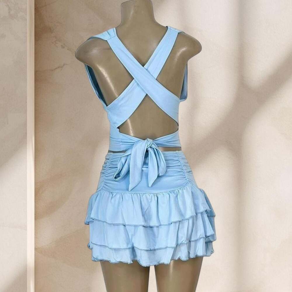 Baby Blue Two Piece Skirt Set – Halter Crop Top & Ruffle Mini Skirt Y2K Cute ✧ M - Picture 4 of 4